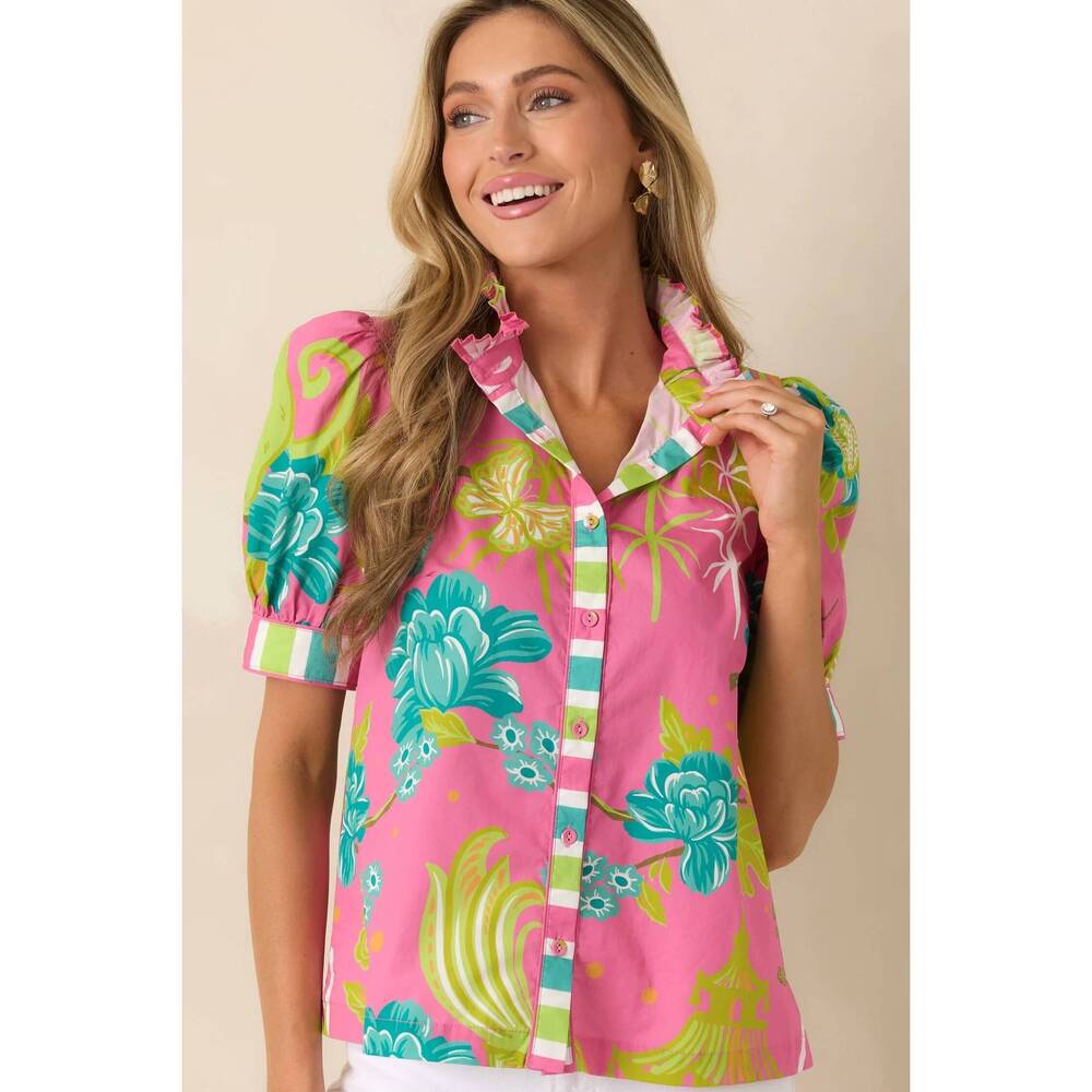 NEW PROSPERINA tropical button up top in pink multi